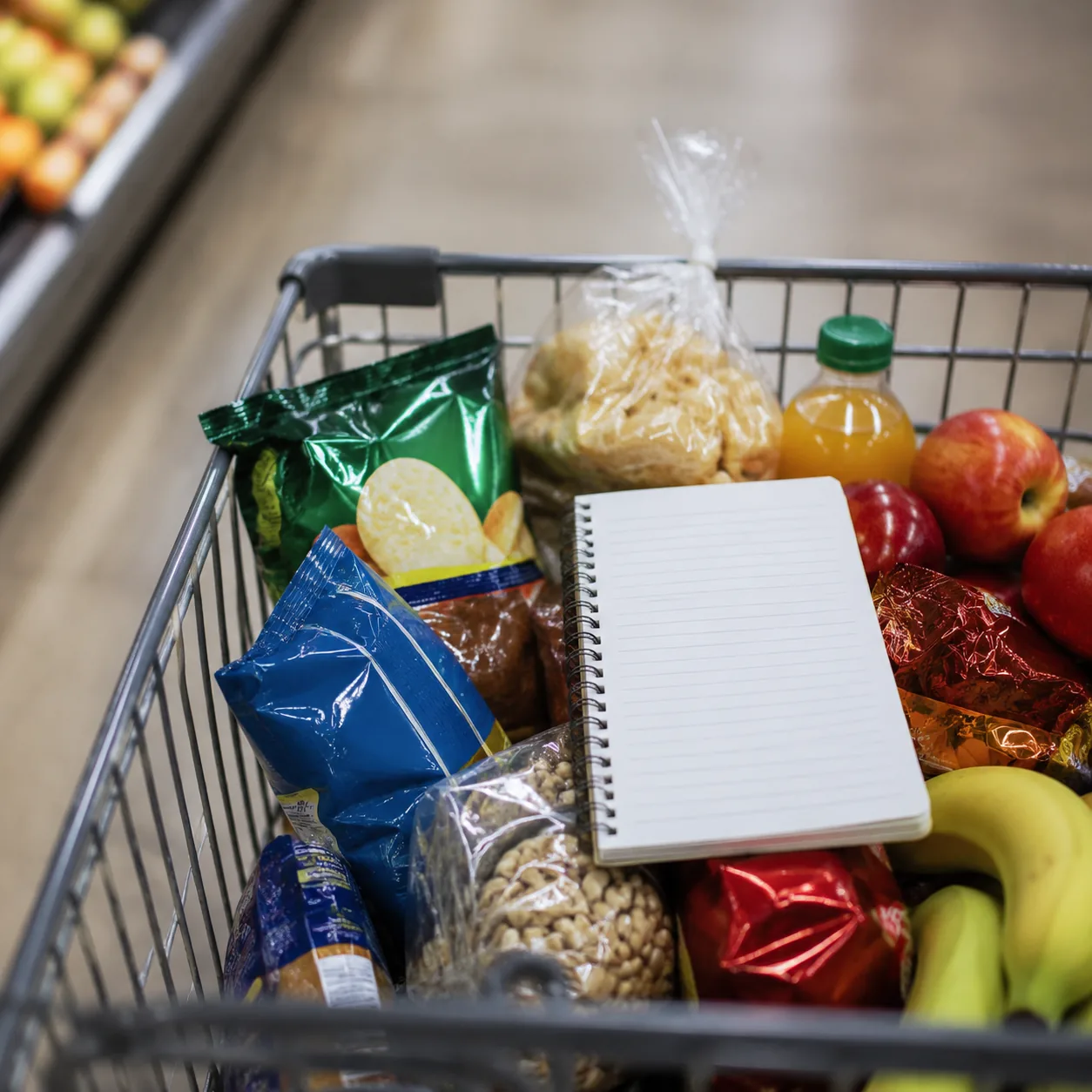 Realistic editorial photo of a shopping cart with snacks and a small grocery list on top, practical consumer guide style