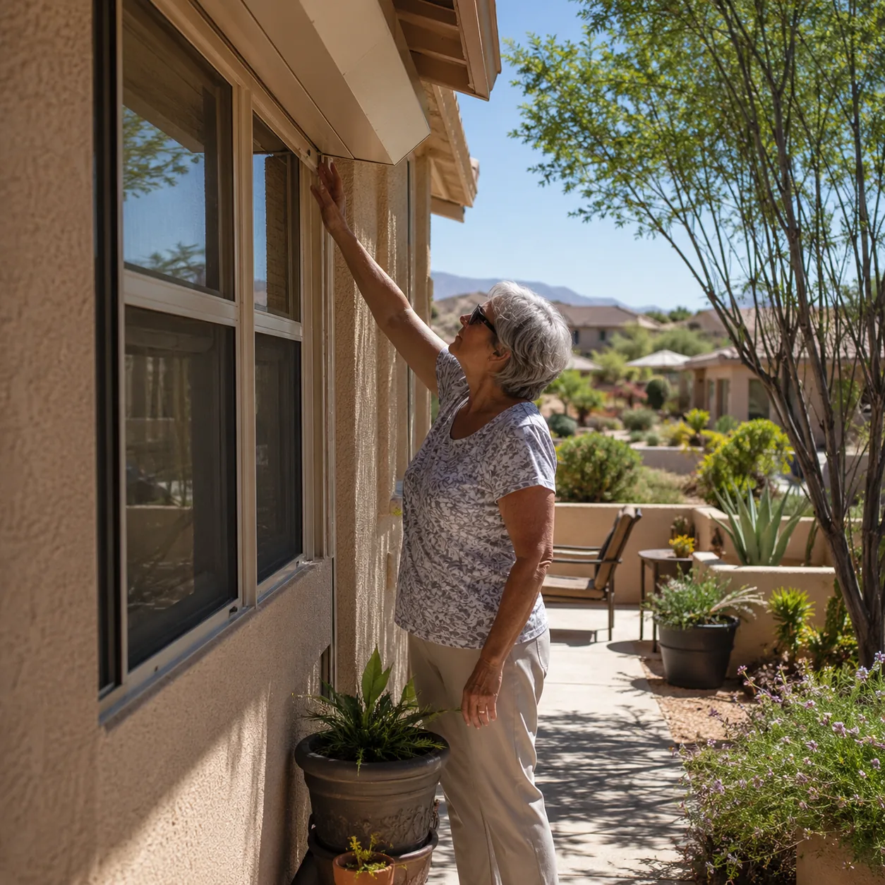 Realistic editorial photo of a sunny retirement community patio in afternoon heat with an older homeowner checking shade