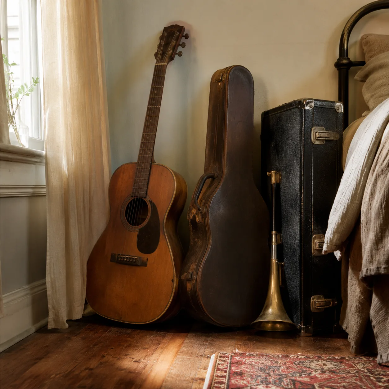 Realistic editorial photo of an old acoustic guitar and brass instrument cases in a quiet bedroom corner, warm daylight,