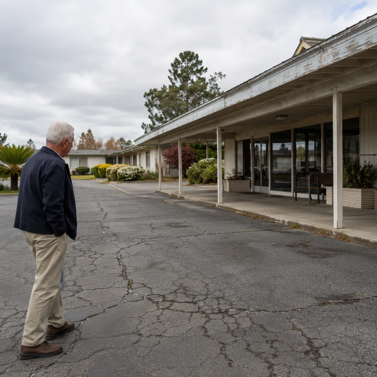 Realistic editorial photo of an older buyer noticing cracked pavement and worn clubhouse exterior in a retirement commun