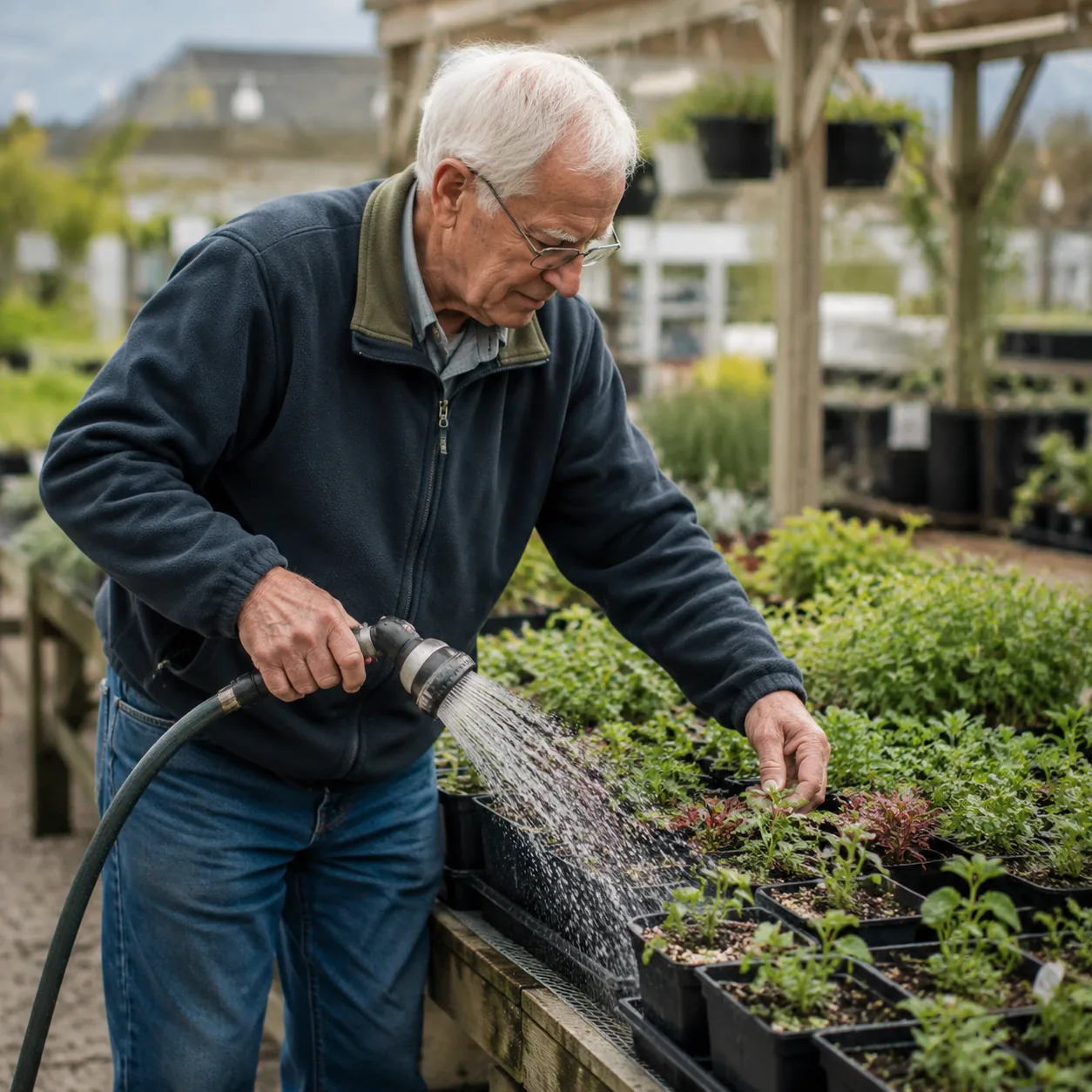 Realistic editorial photo of an older garden center worker watering plants and moving small nursery pots on an outdoor b