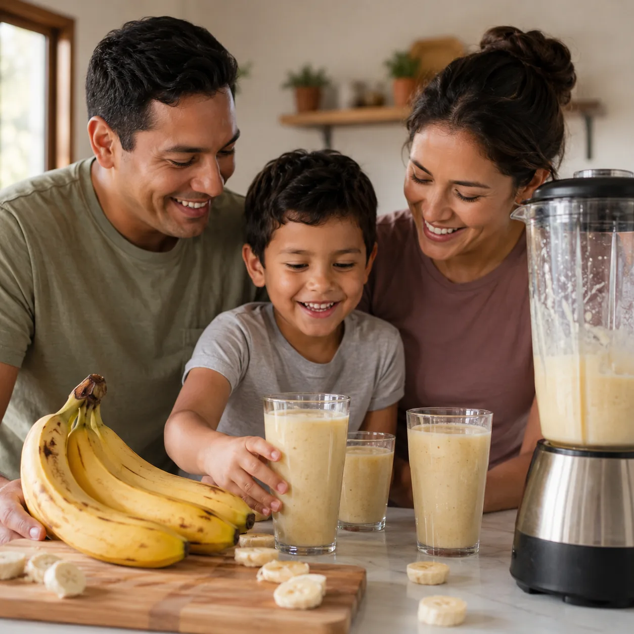 Realistic editorial photo of banana smoothie in clear glasses with ripe bananas and blender on a kitchen counter, warm n