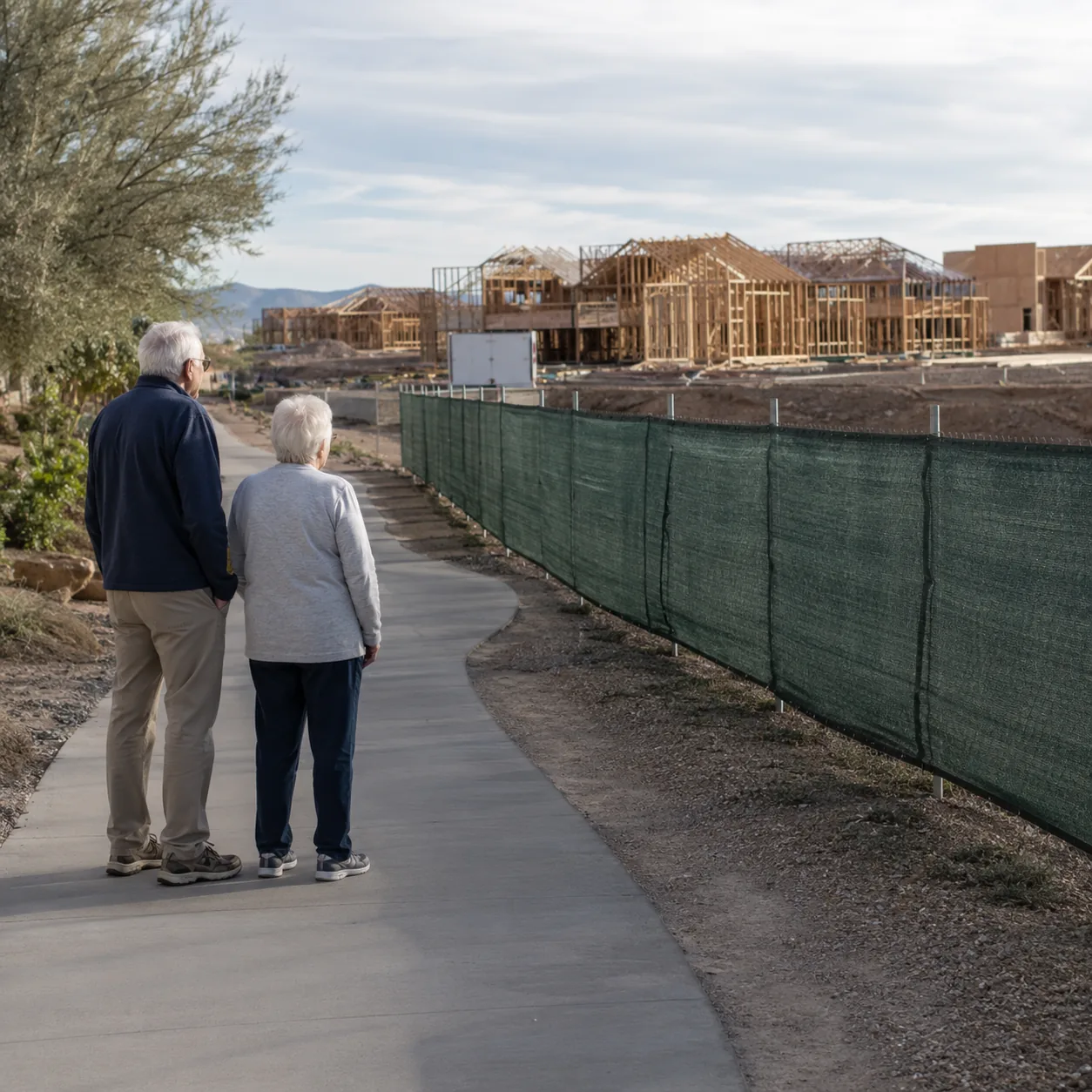 Realistic editorial photo of construction fencing near a retirement community walking path with an older couple looking