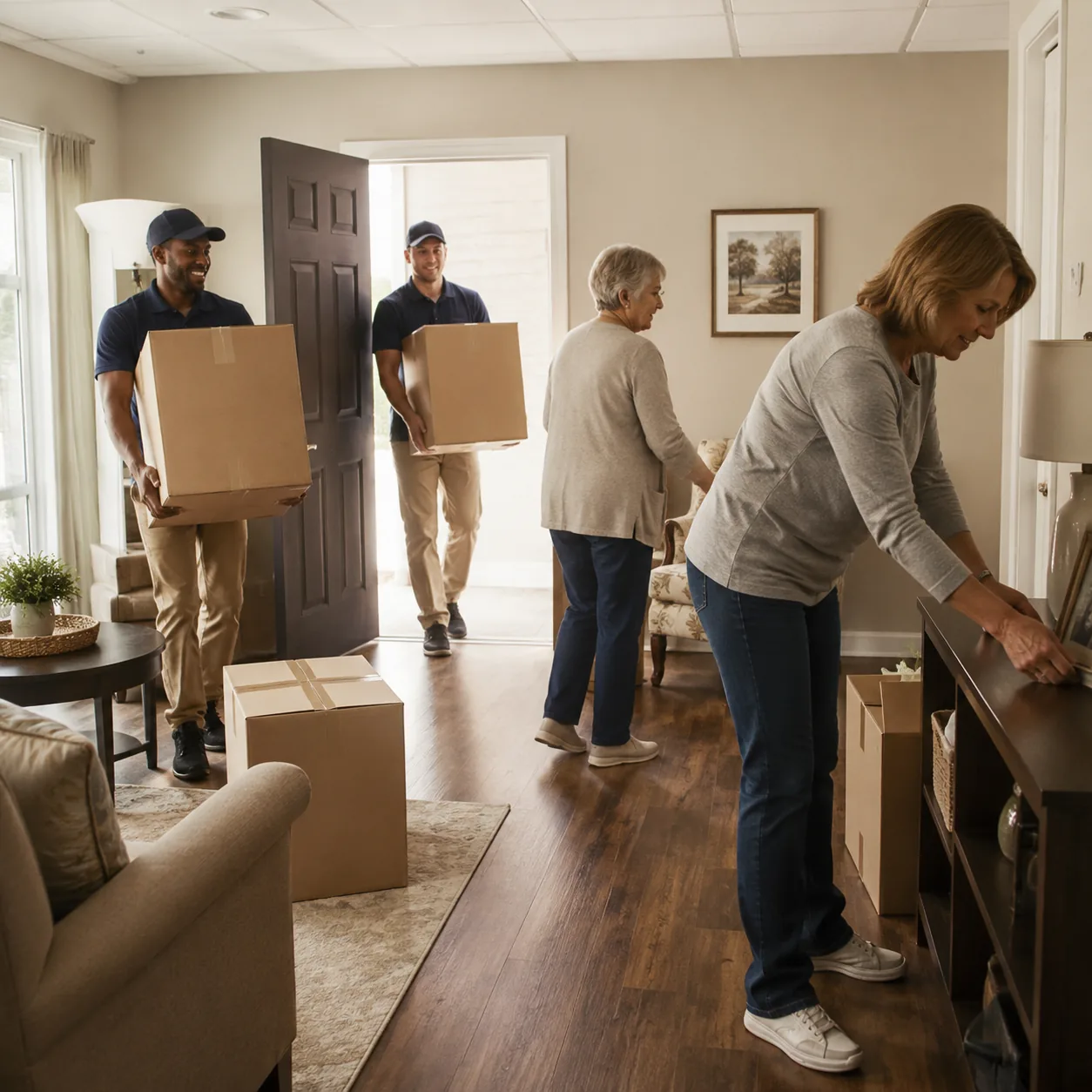 Realistic editorial photo of movers carrying labeled boxes into an assisted living apartment while family members organi