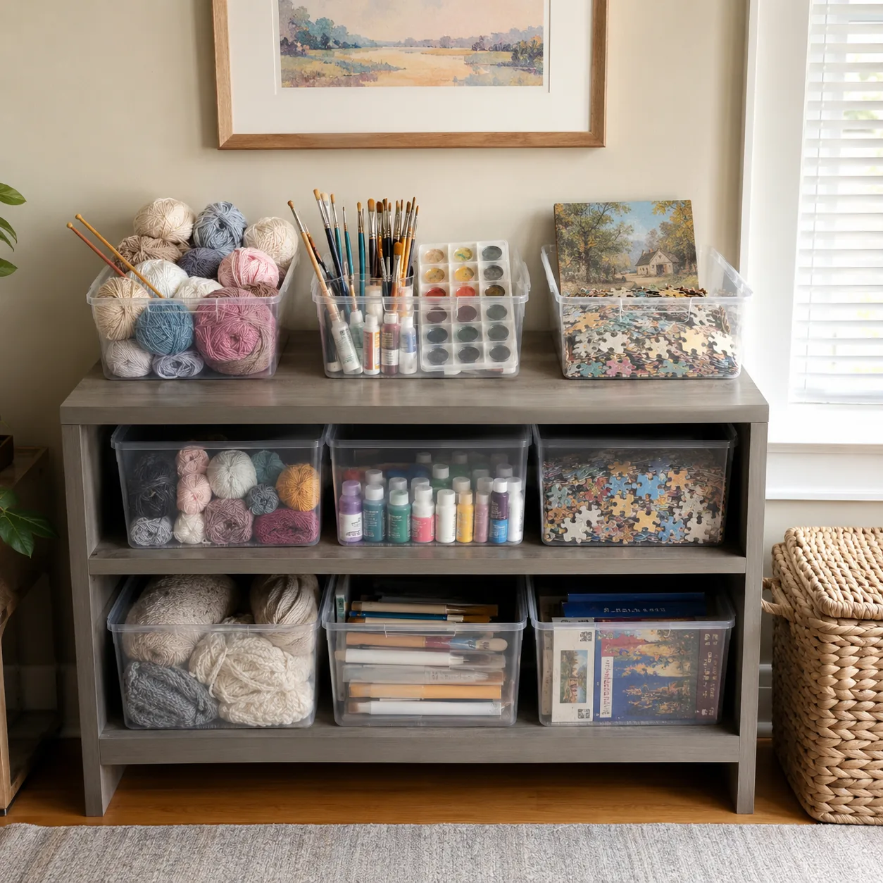 Realistic editorial photo of neatly organized knitting, painting, and puzzle supplies in clear bins on a small shelf, pr