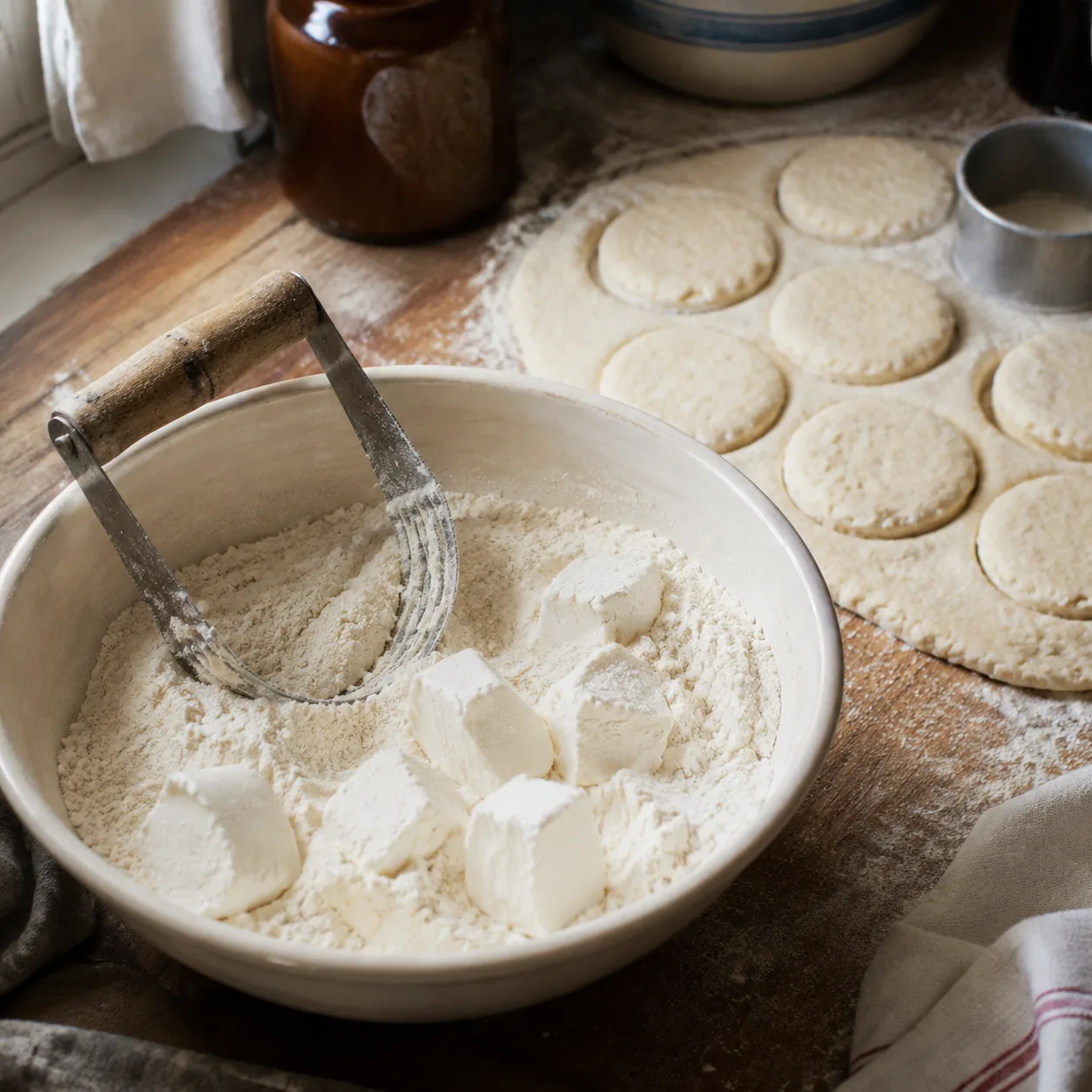 Realistic editorial photo of vegetable shortening being cut into flour with a pastry blender beside biscuit dough, pract