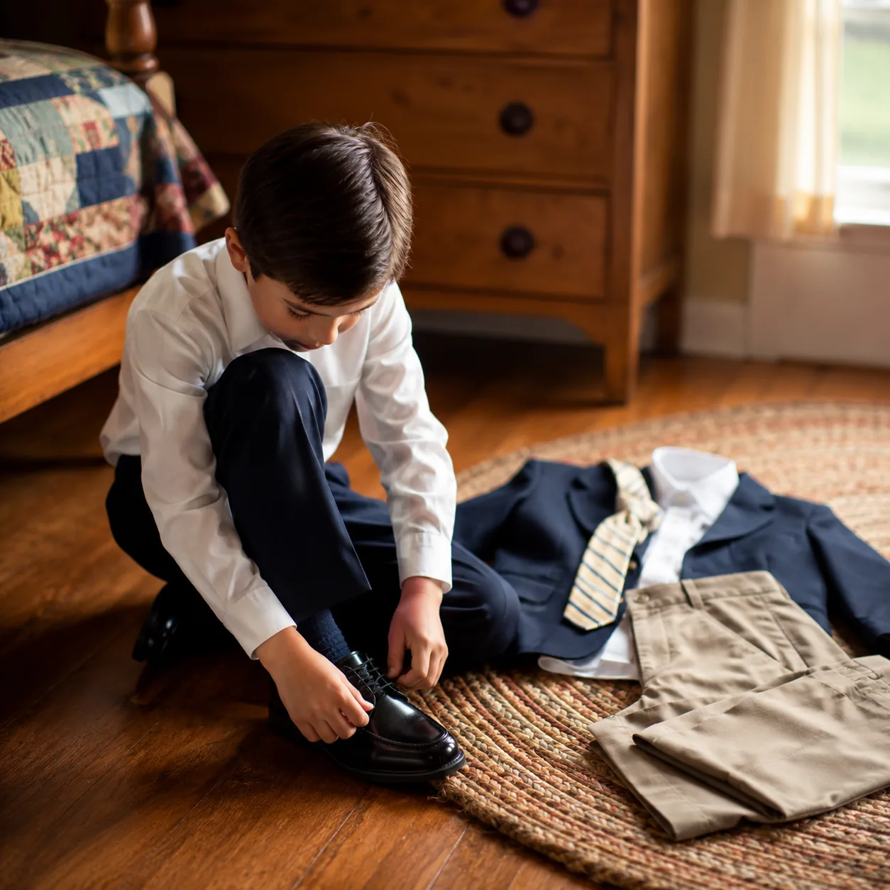 Realistic editorial photo of a child putting on polished shoes beside a neatly laid outfit for church or a family event,