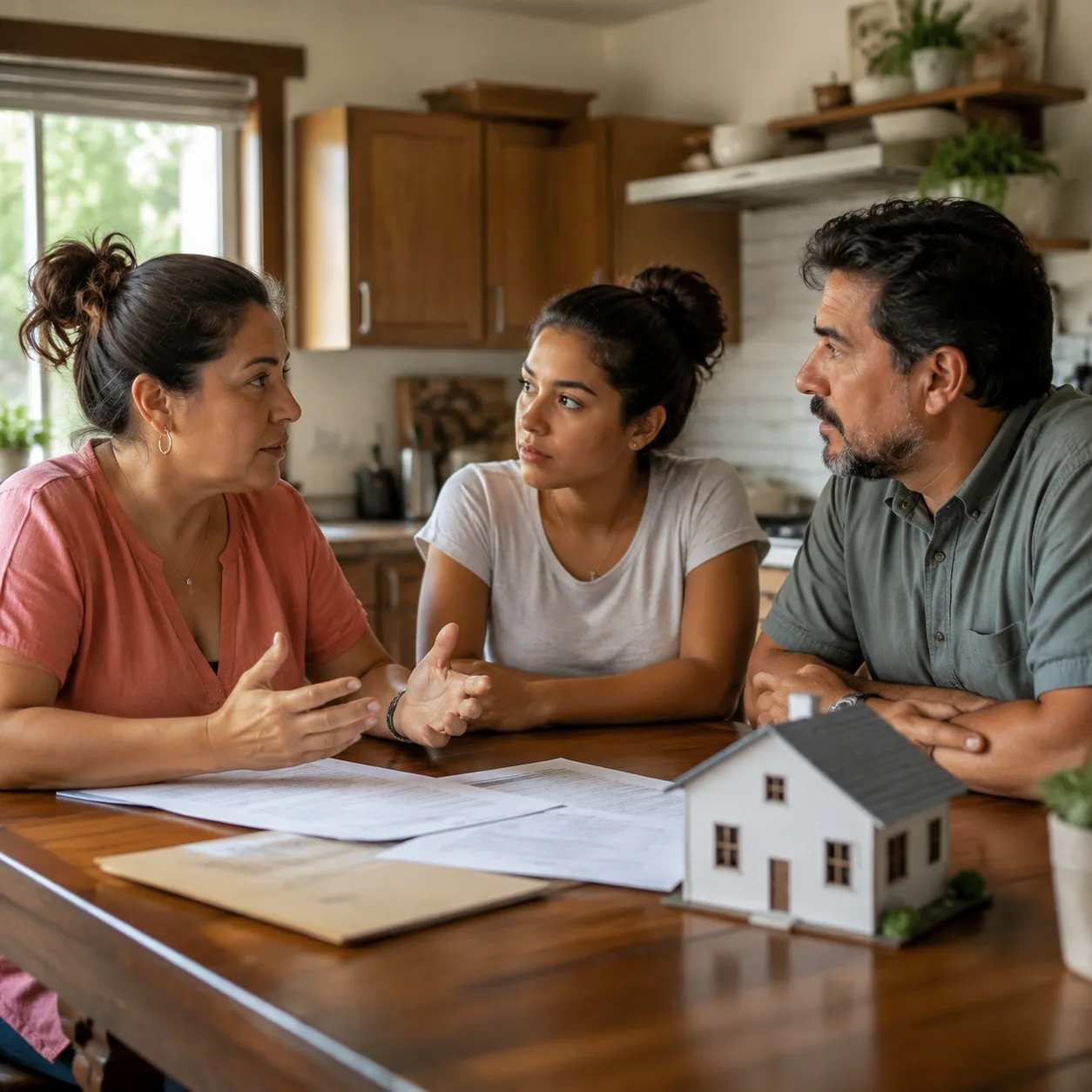 Realistic editorial photo of a family discussing boundaries around a house purchase at a kitchen table, warm natural lig
