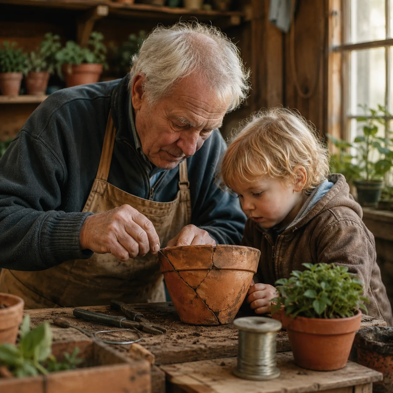 Realistic editorial photo of a grandfather wiring a cracked clay flowerpot together on a potting bench, warm natural lig
