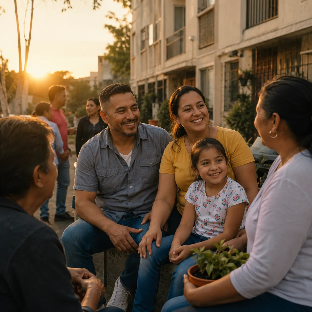 Realistic editorial photo of a Latino family sitting outside an apartment building chatting with neighbors at sunset, wa