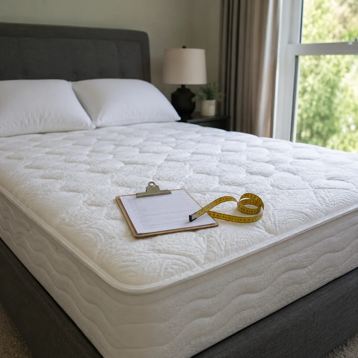 Realistic editorial photo of a mattress in a bedroom with delivery paperwork and measuring tape on top, practical home b