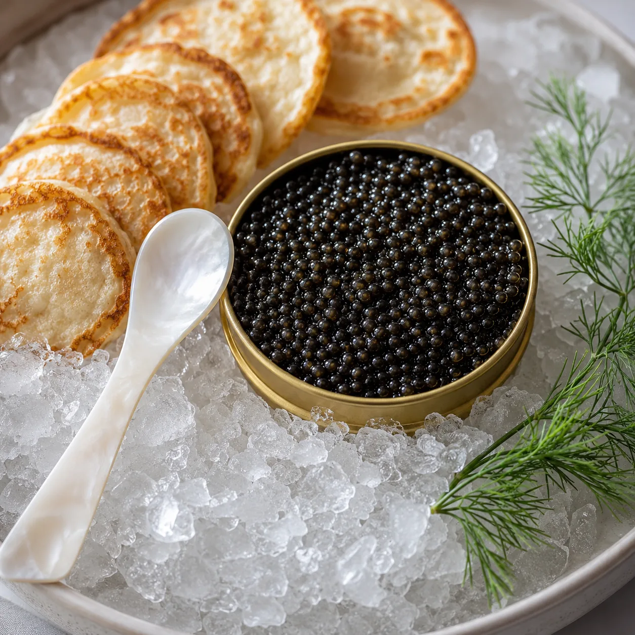 Realistic editorial photo of a small caviar tin on crushed ice with blinis and a spoon, practical gourmet food style, 1: