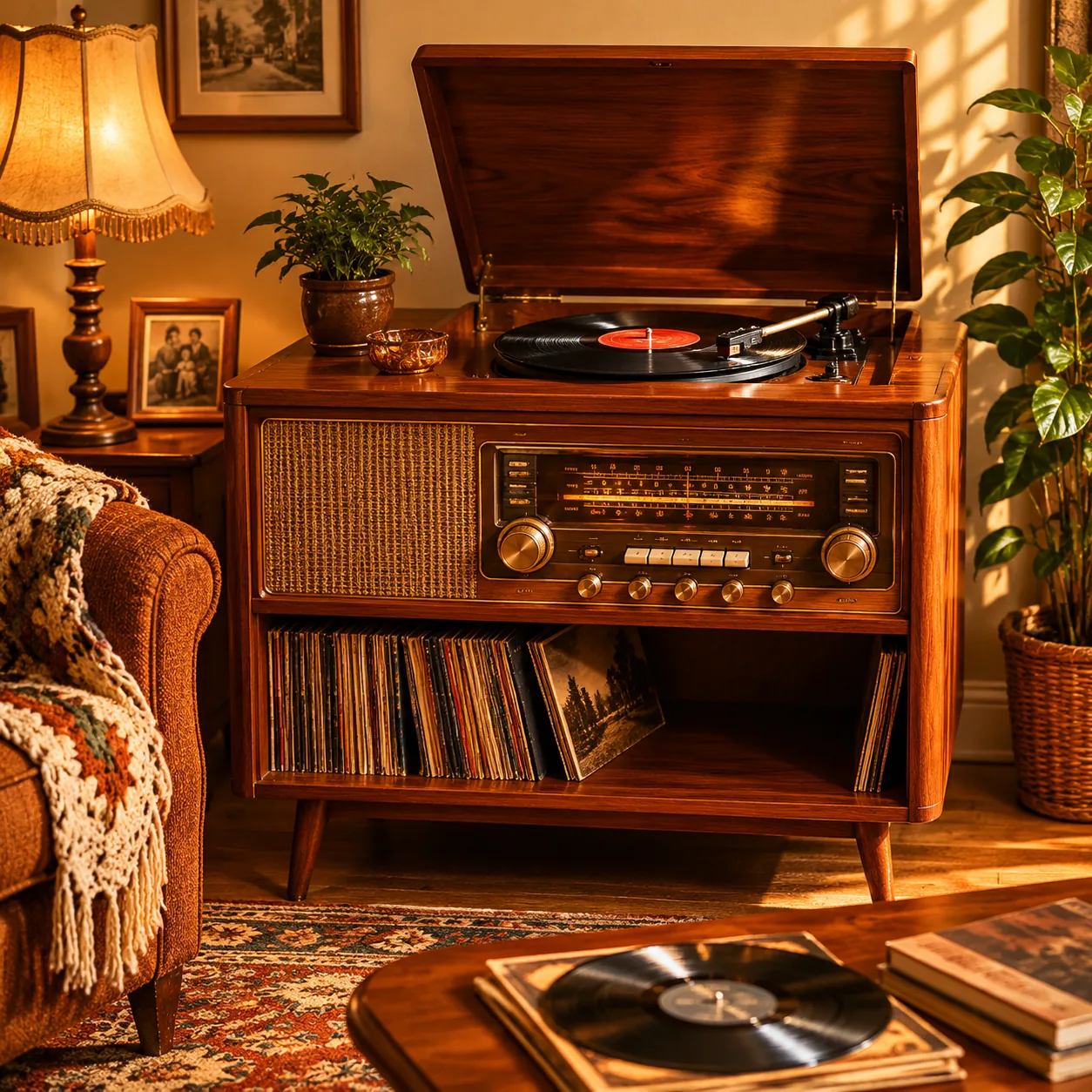 Realistic editorial photo of a vintage radio and turntable console in a grandparent living room, warm ambient light, 1:1