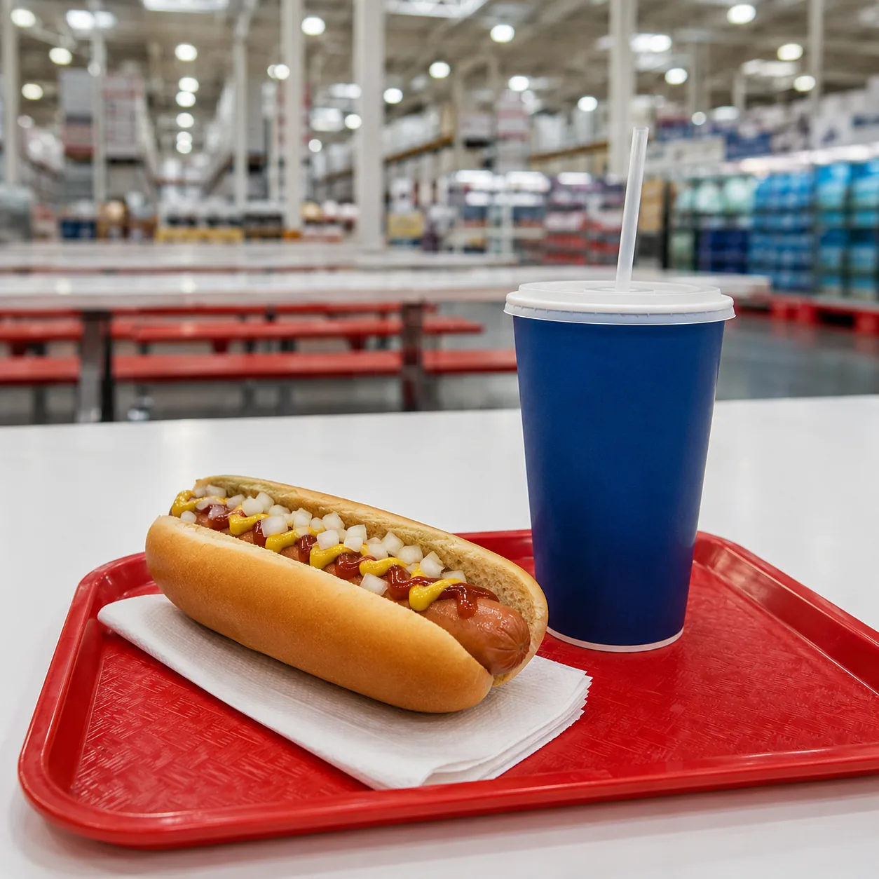 Realistic editorial photo of a warehouse food court tray with a hot dog and drink on a clean table, practical consumer g