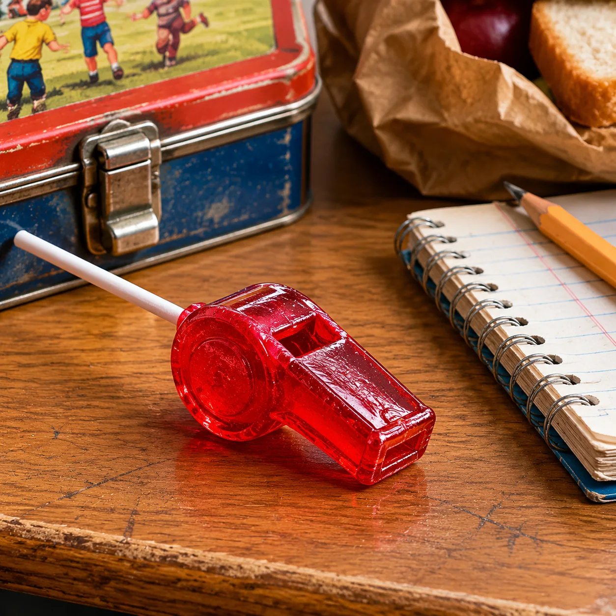 Realistic editorial photo of a whistle-shaped lollipop on a school desk beside a lunchbox and notebook, practical 1970s 