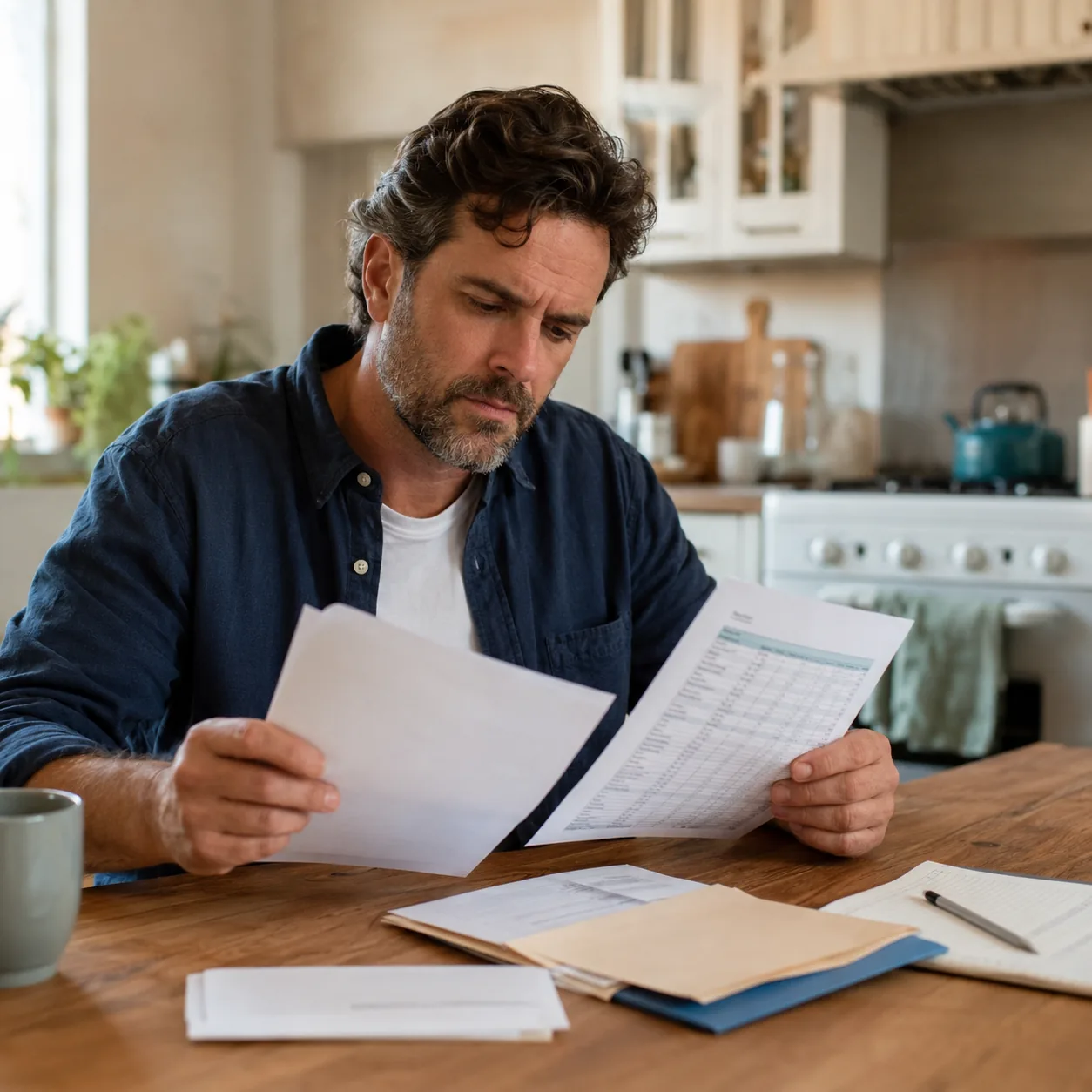Realistic editorial photo of an adult son comparing an assisted living renewal notice with a monthly budget sheet at a k