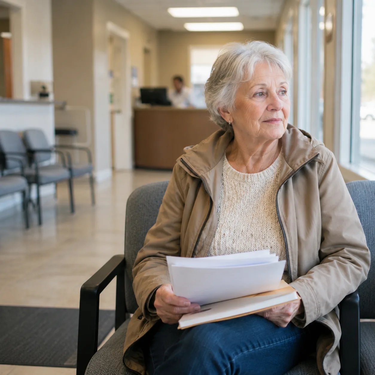 Realistic editorial photo of an older buyer waiting with documents in a community office lobby, practical customer servi