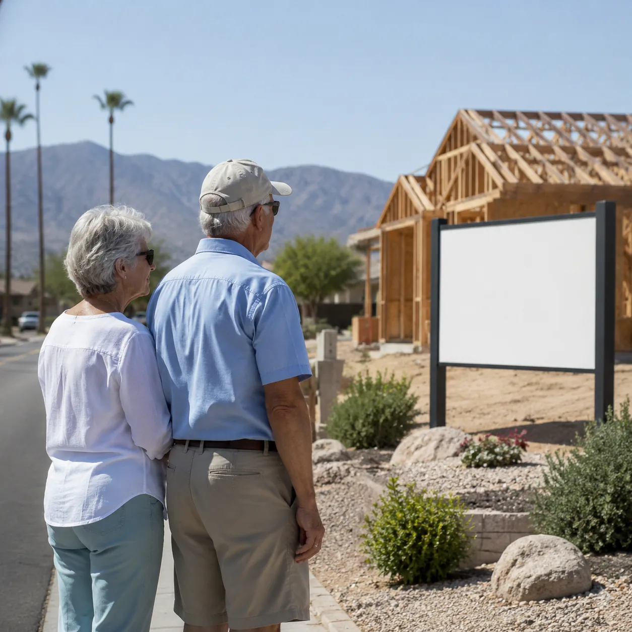 Realistic editorial photo of an older couple looking at new construction signs near a retirement town main road, practic