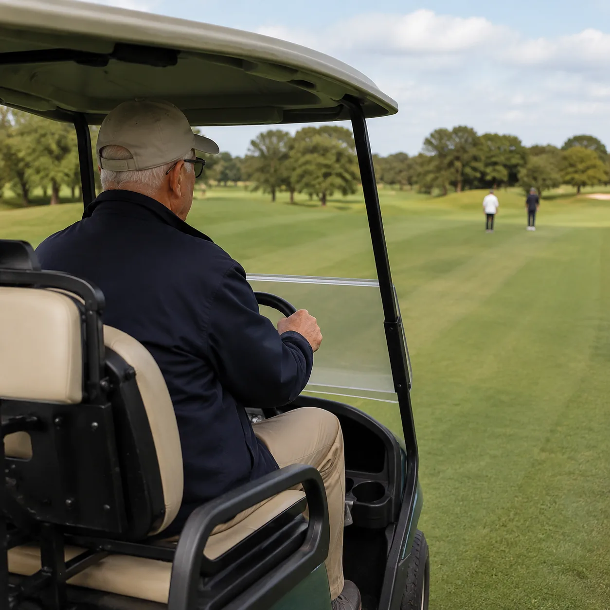 Realistic editorial photo of an older golf course marshal driving a cart along a fairway with golfers in distance, pract
