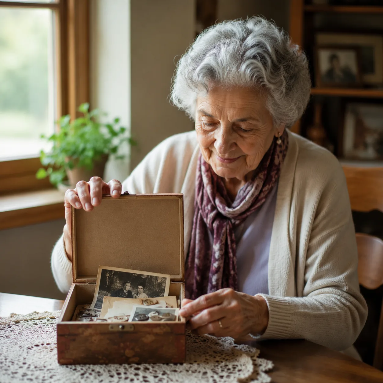 Realistic editorial photo of an older grandparent opening a small keepsake box with photos, buttons, and letters inside,