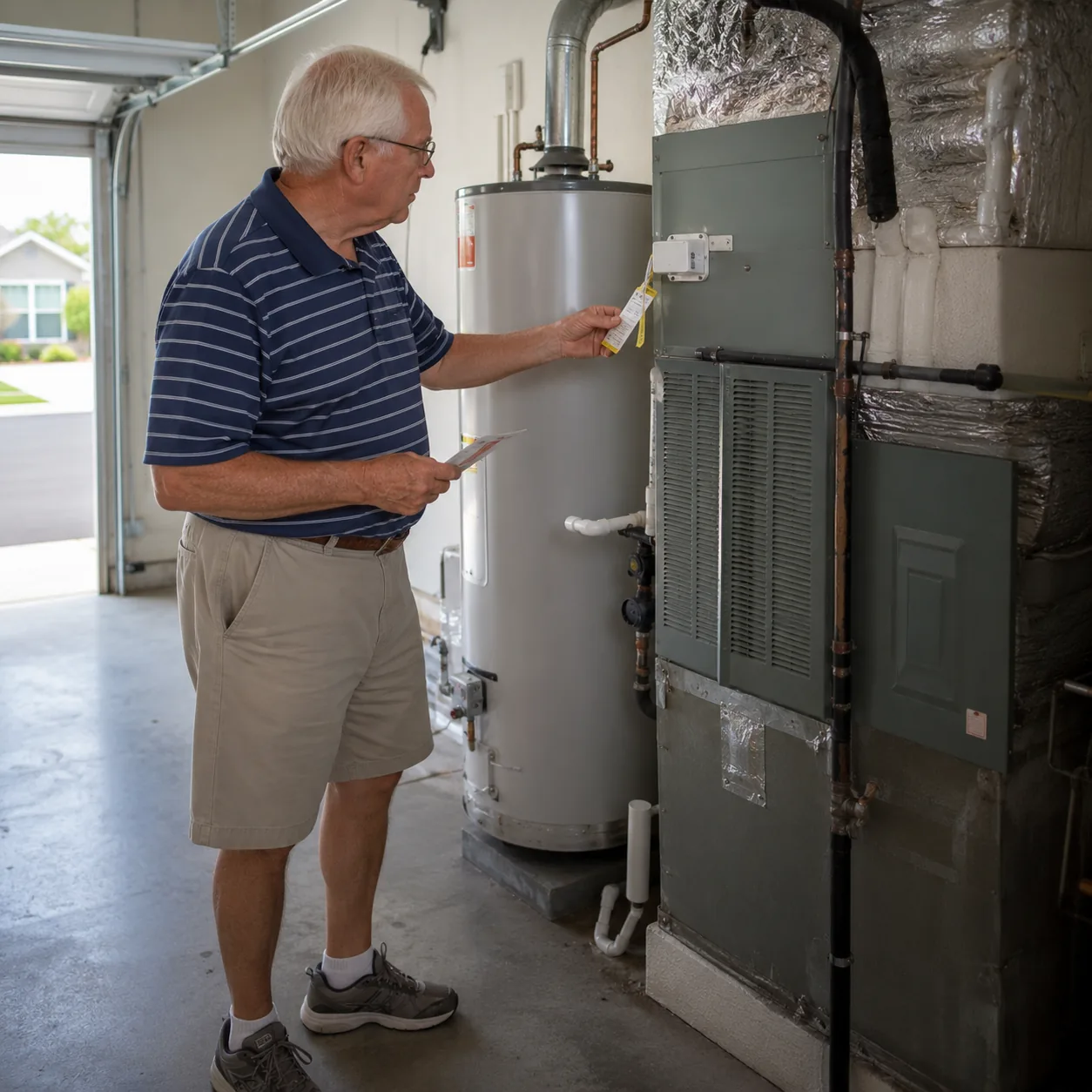 Realistic editorial photo of an older homeowner checking an HVAC unit and water heater service tags in a retirement comm