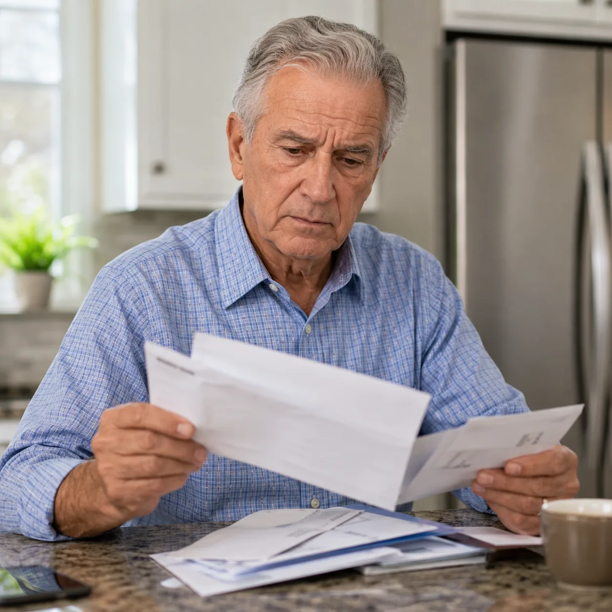 Realistic editorial photo of an older homeowner opening community fee and insurance notices at a kitchen counter, practi