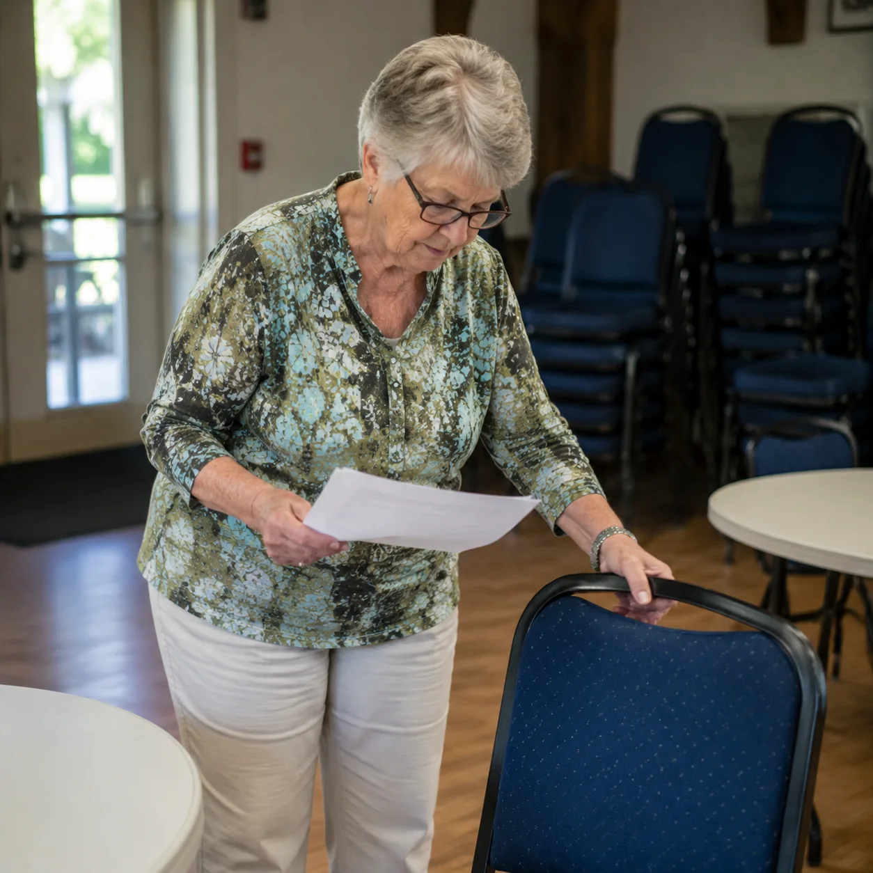 Realistic editorial photo of an older resident arranging chairs in a community room while reviewing reservation forms, p