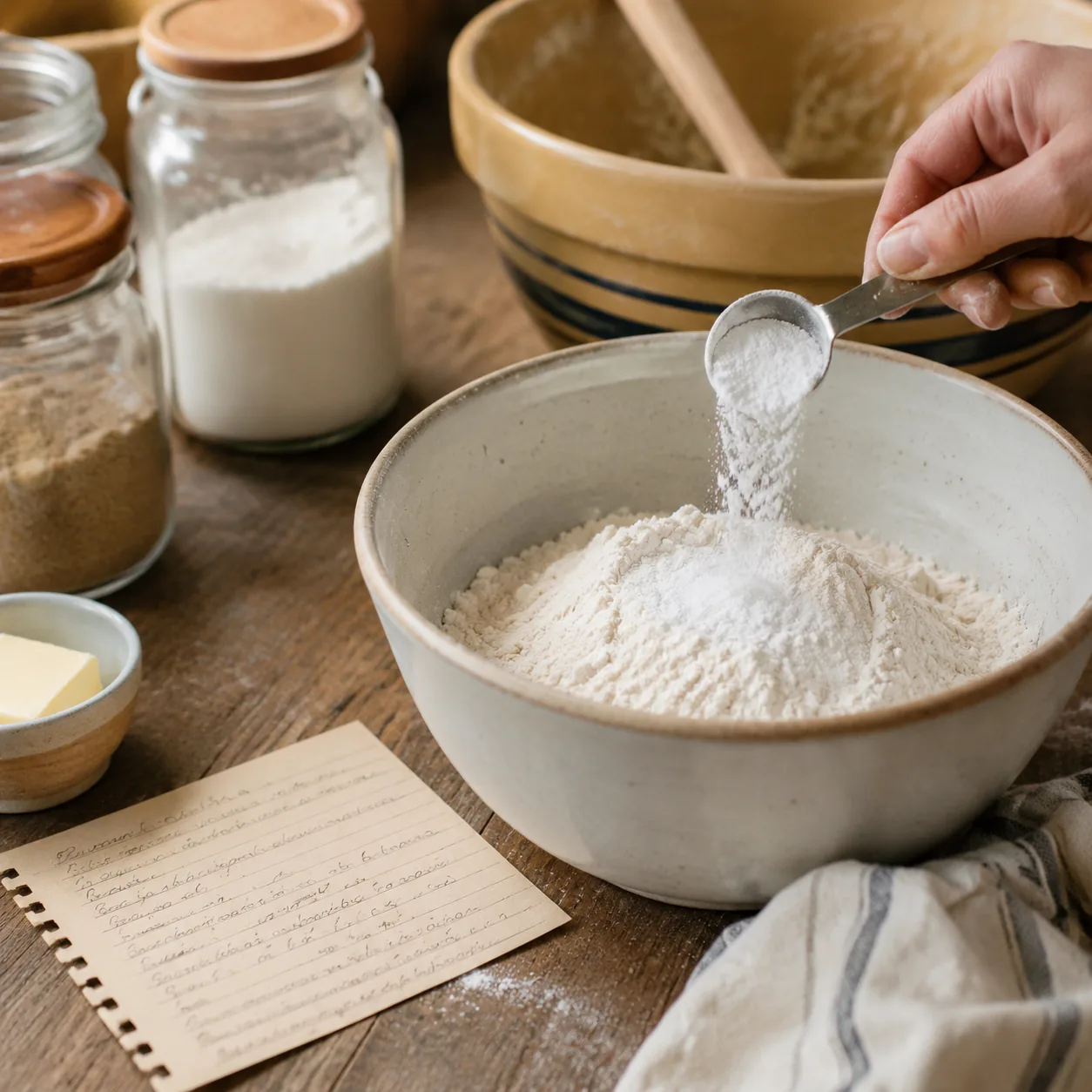 Realistic editorial photo of baking powder being measured into flour beside a handwritten recipe card and mixing bowl, p