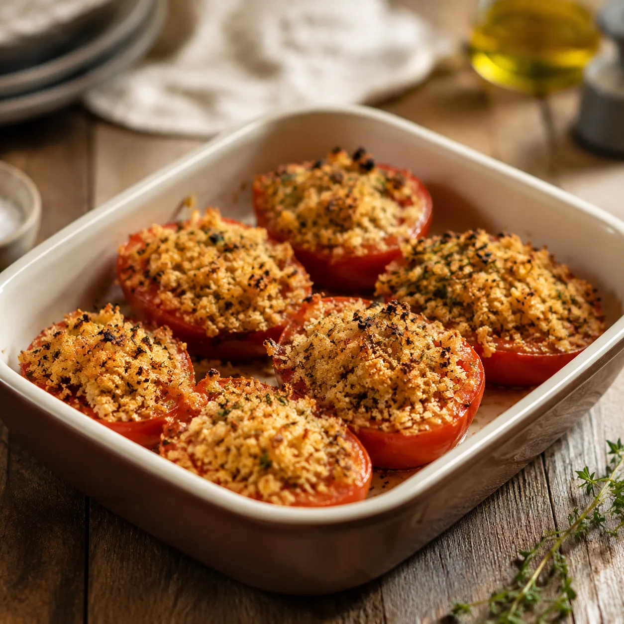 Realistic editorial photo of breaded tomatoes in a small baking dish with a crumb topping on a kitchen table, practical 