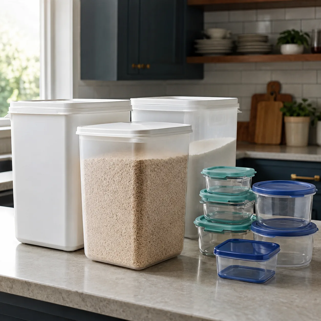 Realistic editorial photo of commercial-size food containers on a kitchen counter with small household containers nearby