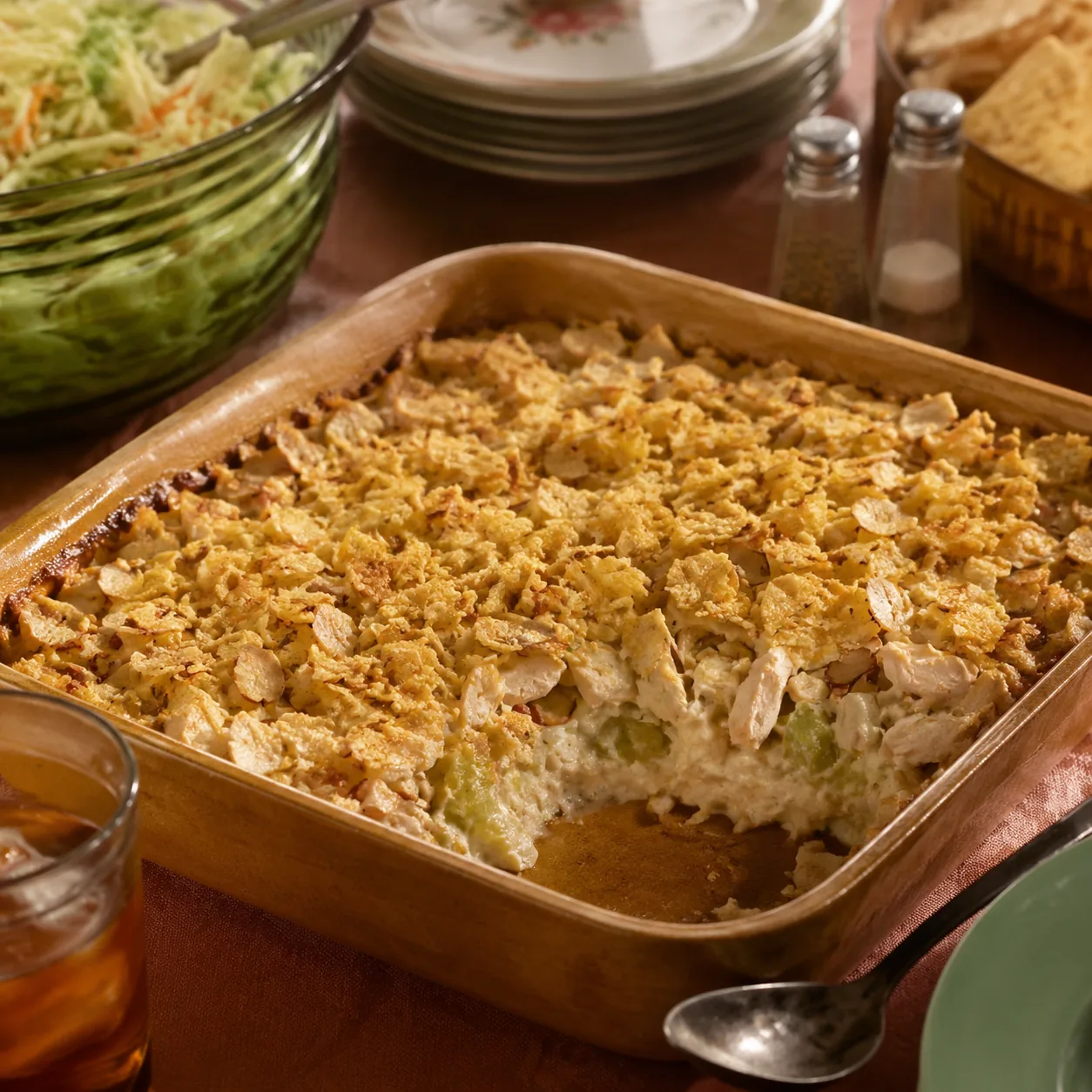 Realistic editorial photo of hot chicken salad casserole with celery, almonds, and a potato chip topping in a baking dis
