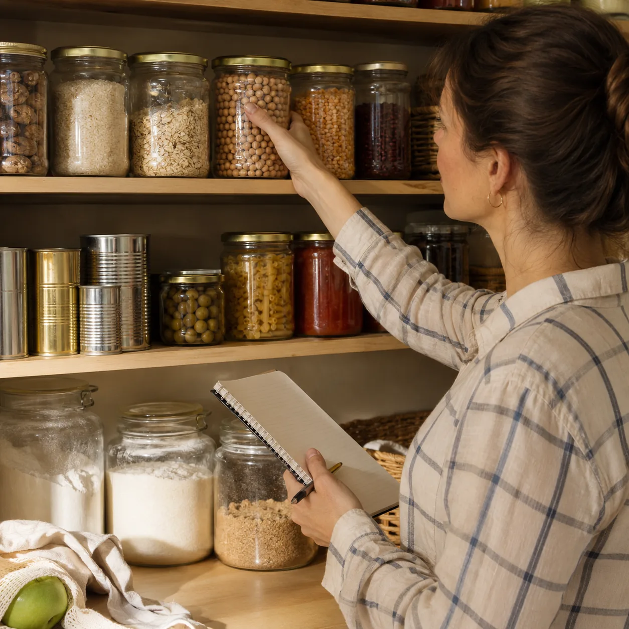 Realistic editorial photo of pantry shelves being checked with jars, cans, rice, flour, and a small notepad nearby, prac