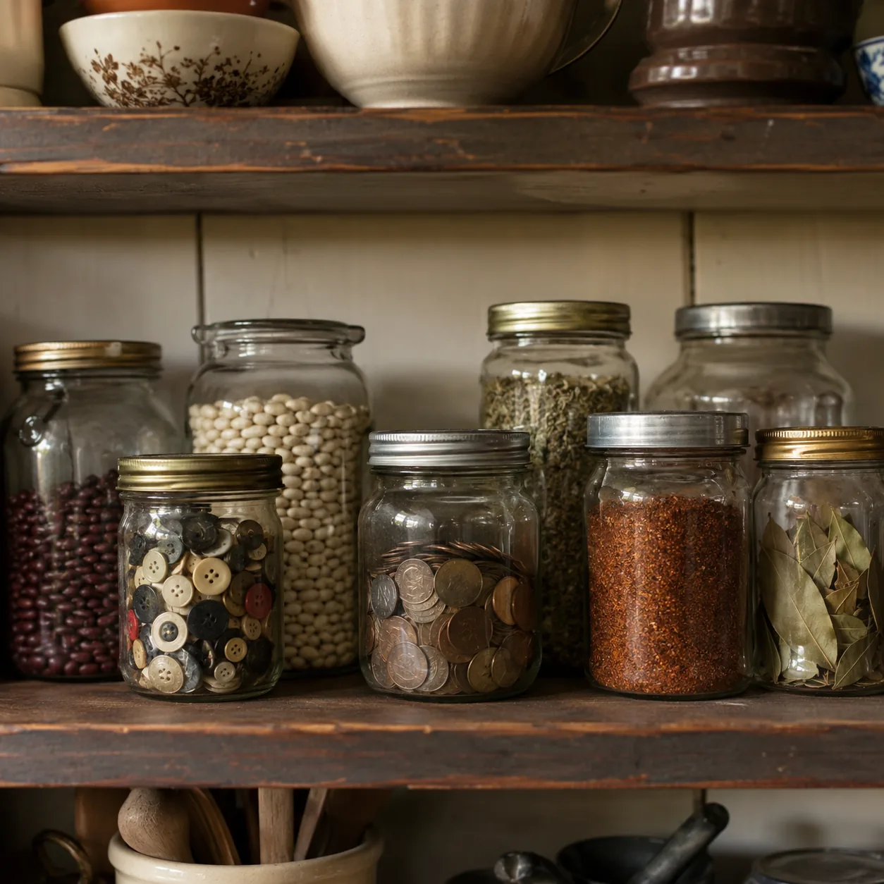 Realistic editorial photo of reused glass jars holding beans, buttons, coins, and spices on a kitchen shelf, warm natura