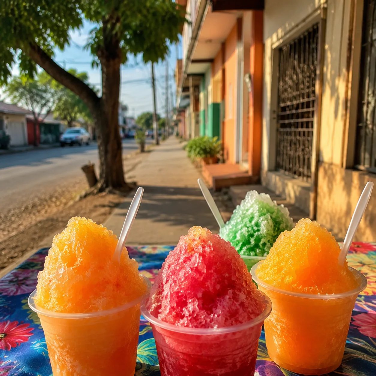 Realistic editorial photo of shaved ice cups with bright fruit syrups on a summer sidewalk table, warm natural light, La
