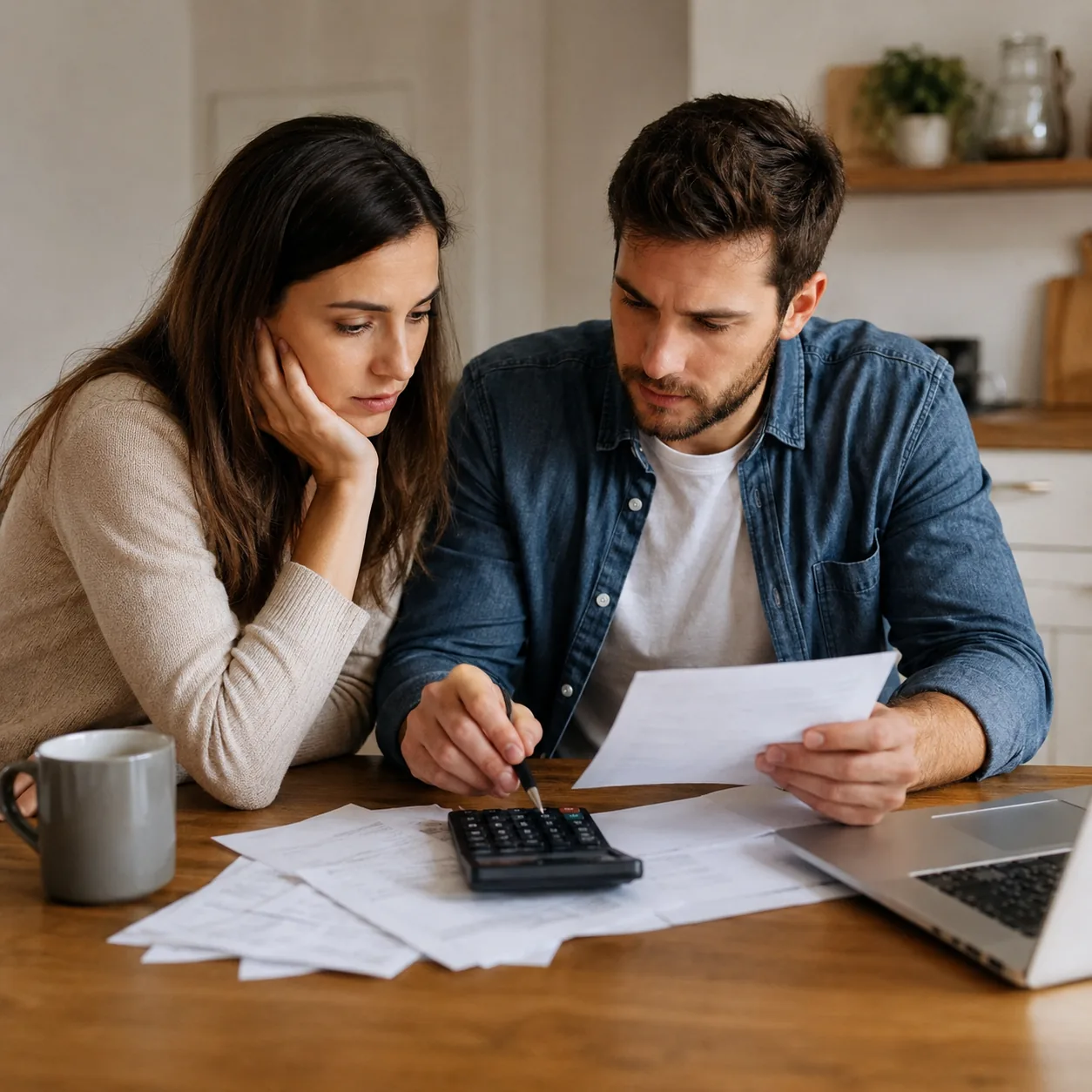 Realistic editorial photo of two adults discussing a loan document and calculator at a small dining table, warm natural