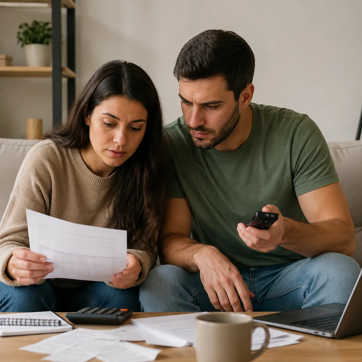 Realistic editorial photo of two adults reviewing a household budget and streaming remote on a couch, practical family a