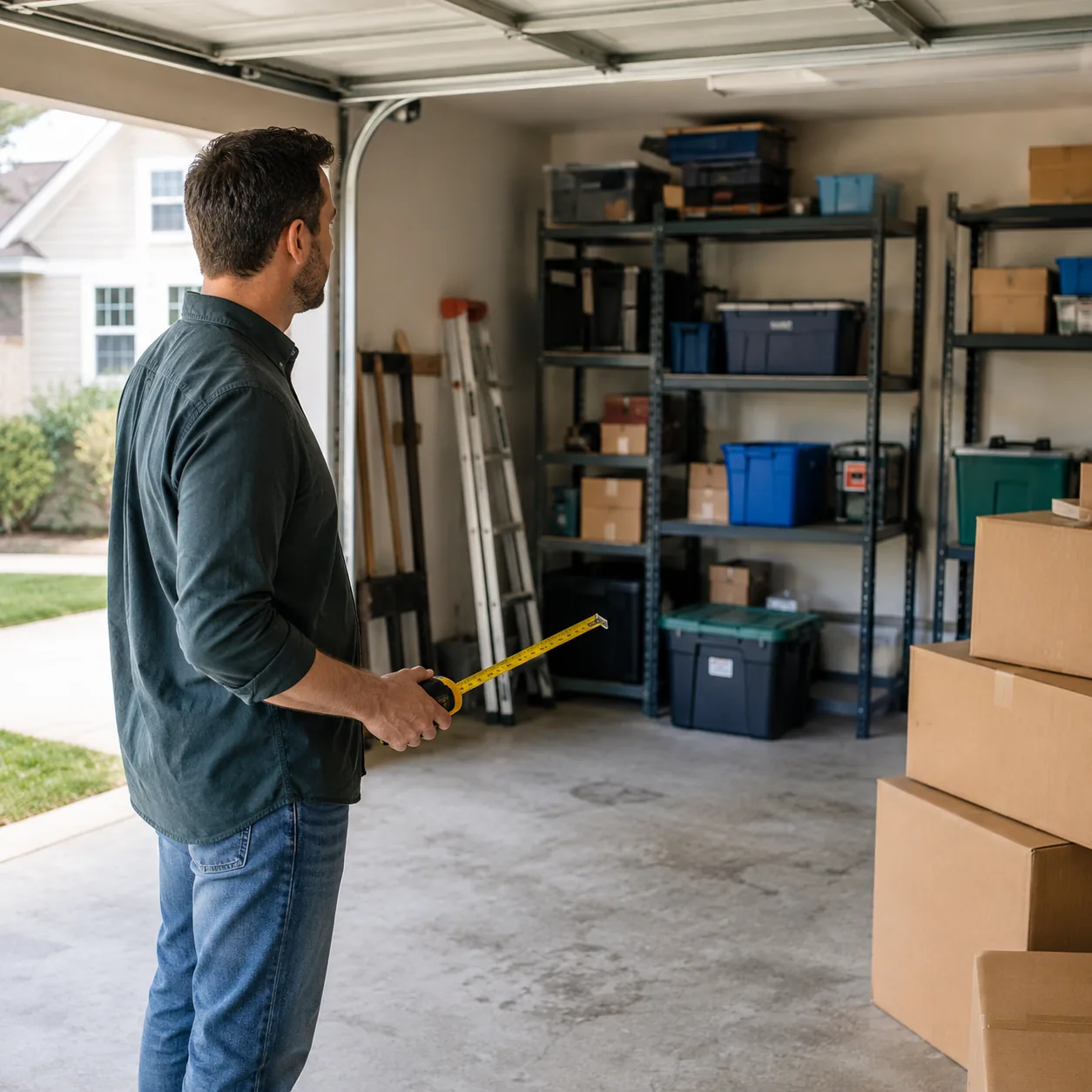 Realistic editorial photo of a buyer standing in a garage with measuring tape, storage shelves, and moving boxes, bright