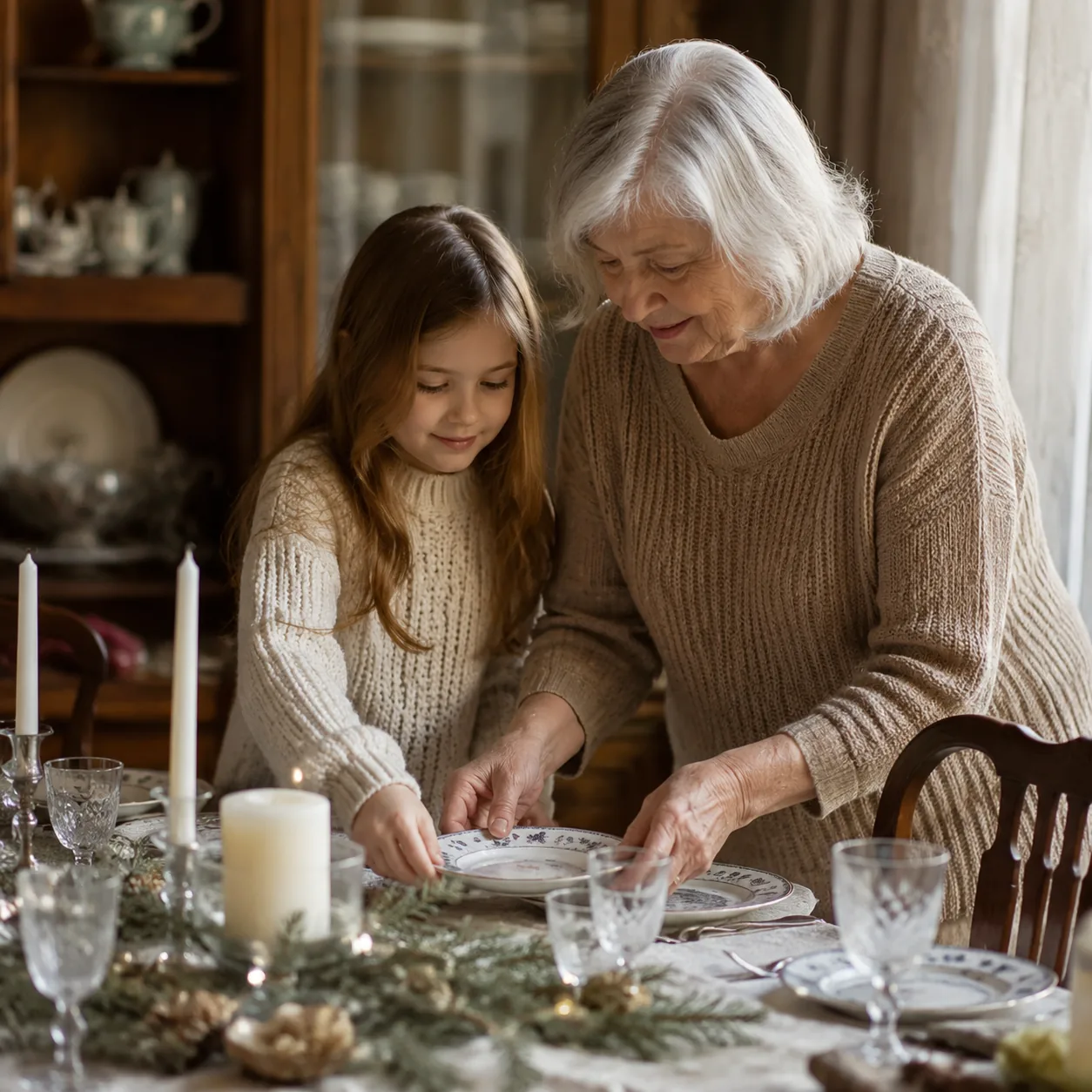 Realistic editorial photo of a child helping an older woman arrange holiday dishes and candles on a family table, warm n