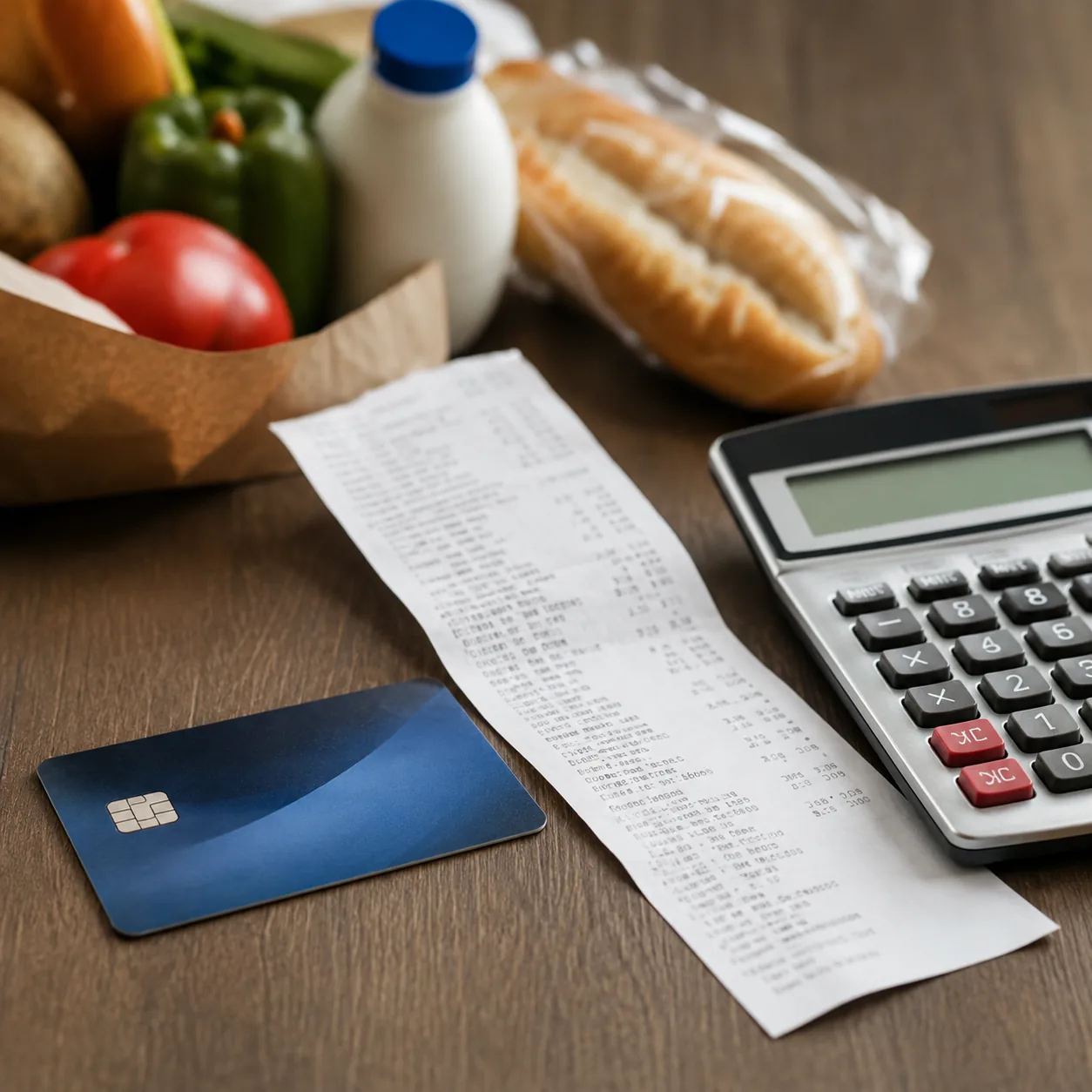 Realistic editorial photo of a credit card, grocery receipt, and calculator on a desk, practical consumer finance style,