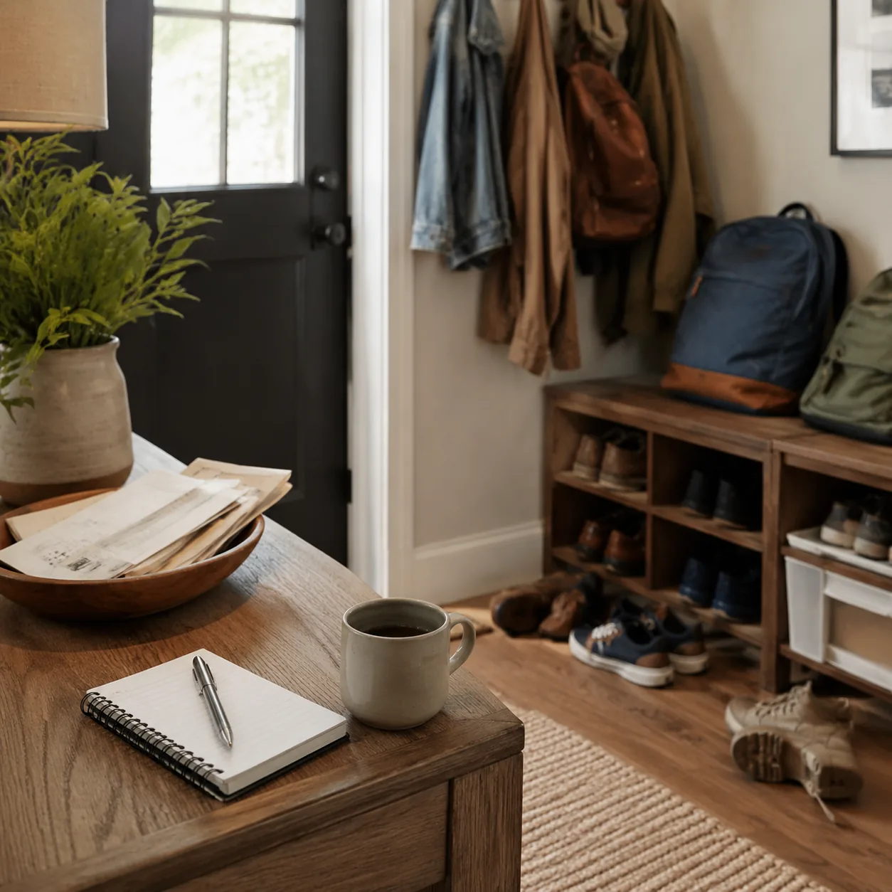 Realistic editorial photo of a family entryway with shoes, backpacks, mail, and a small budget notebook on a table, warm