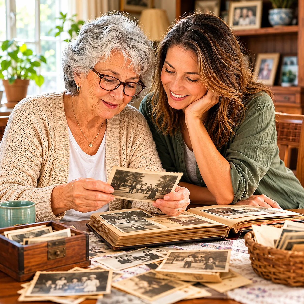 Realistic editorial photo of a grandparent sorting old household items and photos with an adult grandchild, warm natural