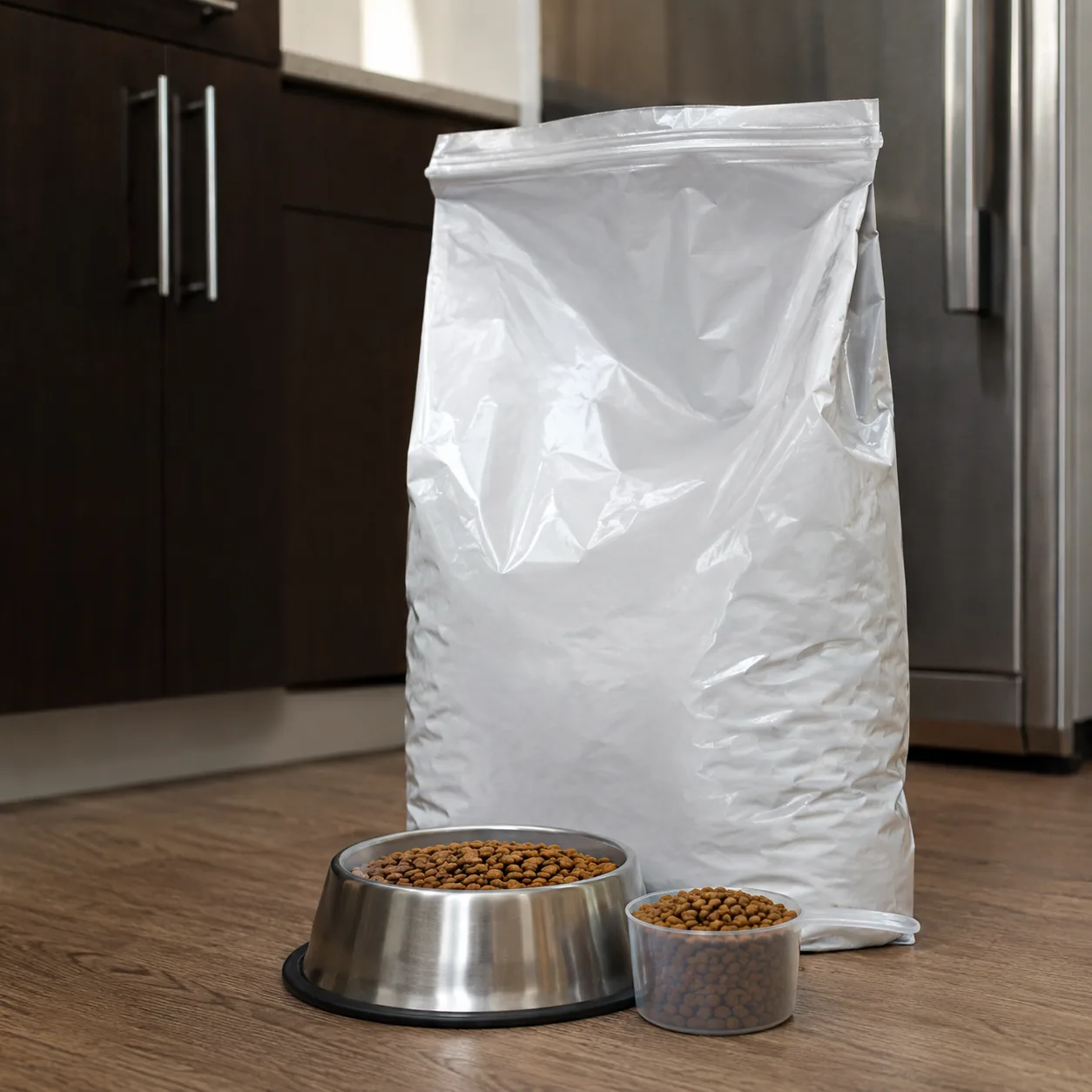 Realistic editorial photo of a large pet food bag, pet bowl, and measuring cup on a kitchen floor, practical pet care sh