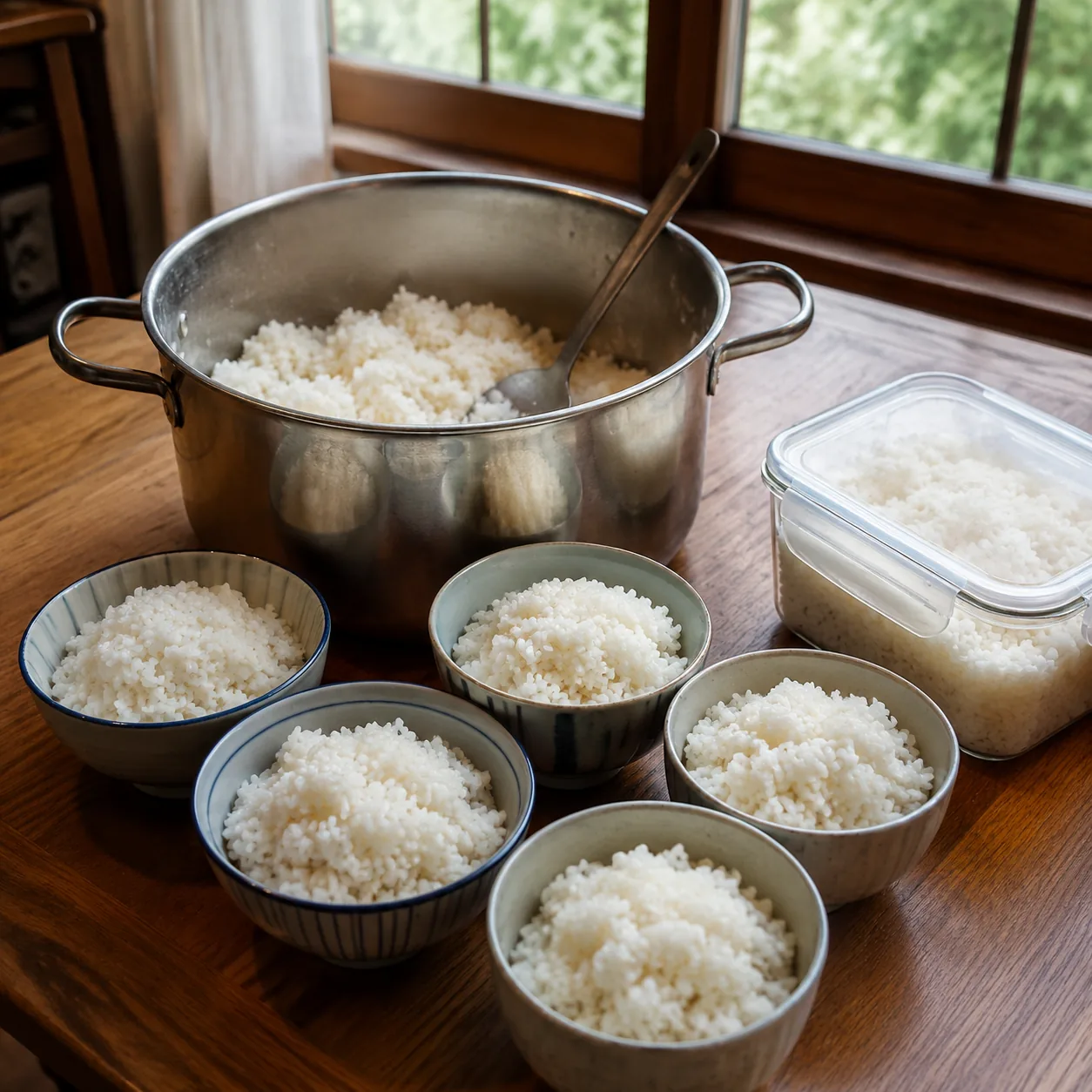 Realistic editorial photo of a large pot of rice portioned into bowls for dinner and a covered container for tomorrow, p