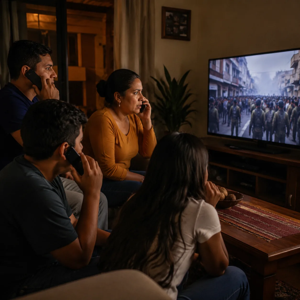 Realistic editorial photo of a Latino family watching news from another country on a living room television while making