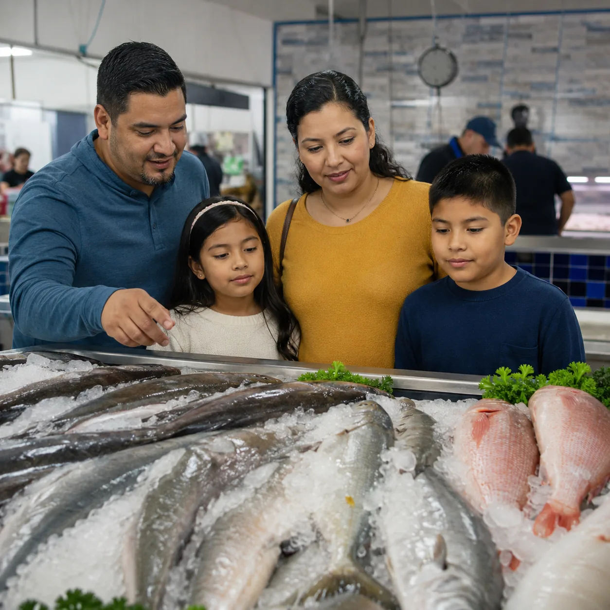 Realistic editorial photo of a Latino grocery seafood counter with whole fish on ice and a family discussing dinner opti
