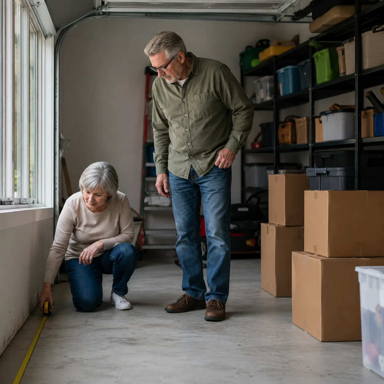 Realistic editorial photo of a retired couple measuring a small garage storage area with moving boxes and shelving nearb