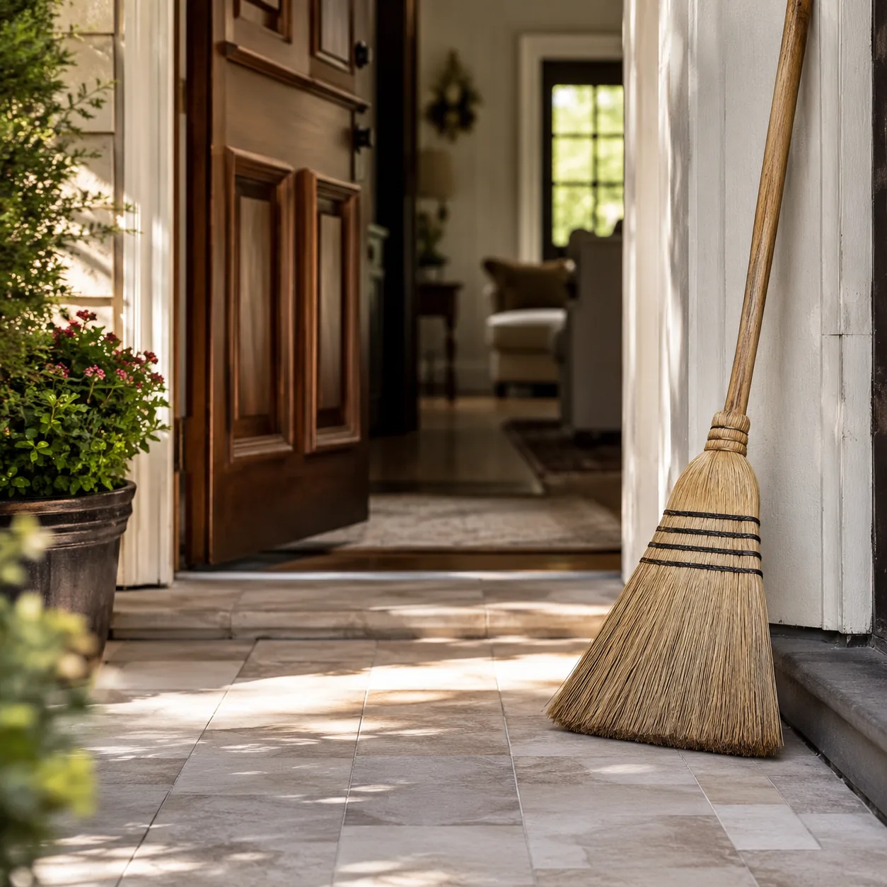 Realistic editorial photo of a straw broom leaning near a front door with a clean tiled entryway in a family home, warm