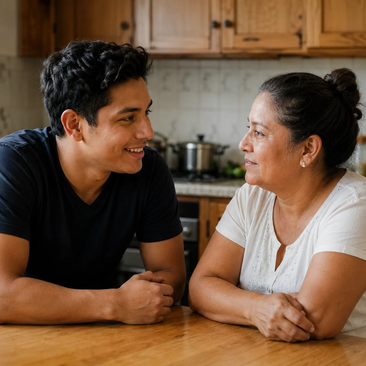 Realistic editorial photo of an adult Latino child smiling with a mother in a kitchen after a serious conversation, warm