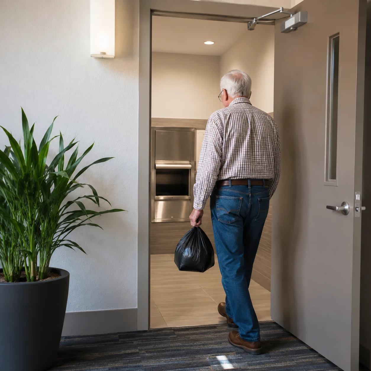 Realistic editorial photo of an older condo resident carrying a small trash bag toward a clean trash chute room, practic