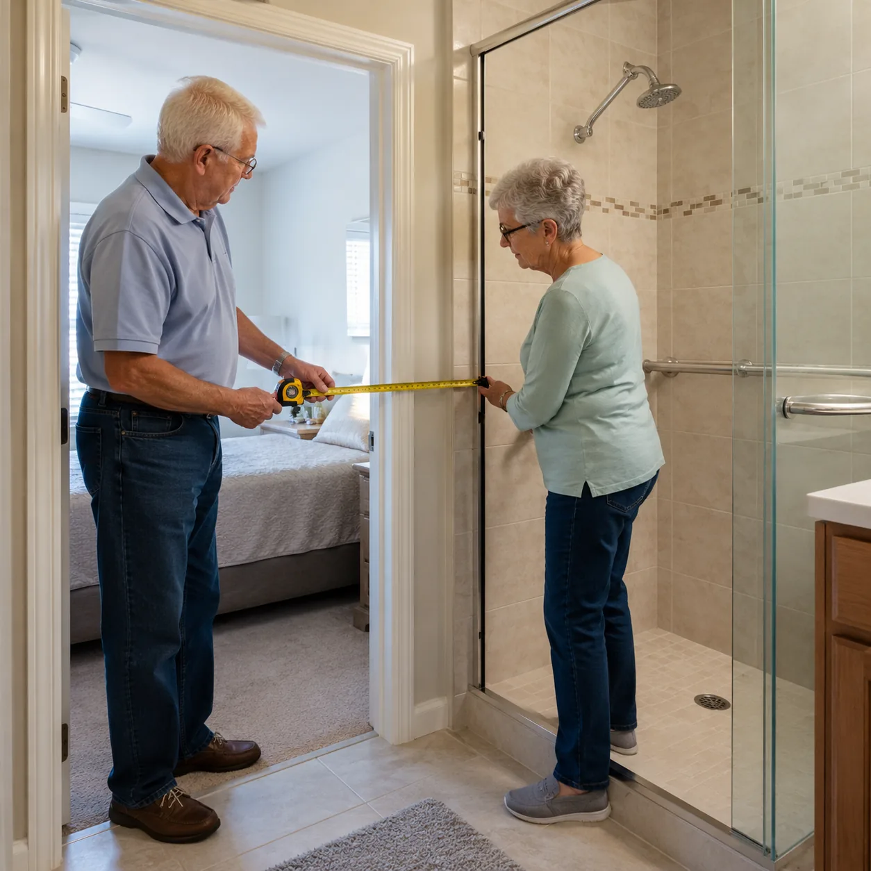 Realistic editorial photo of an older couple measuring a shower entry and doorway in a 55 plus community home, practical